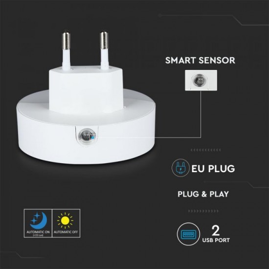 Lampa de veghe LED 0.45W cip Samsung rotunda cu doua porturi USB