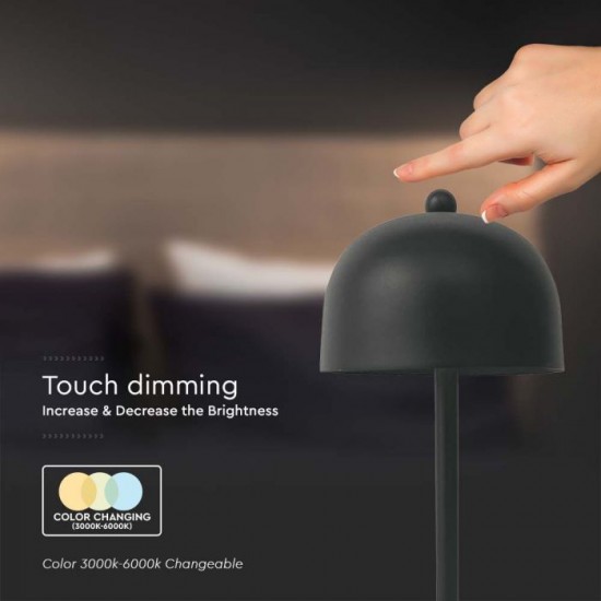 Veioza LED 3W 300mm dimabila cu touch si baterie reincarcabila cablu port USB 3in1 corp negru IP20