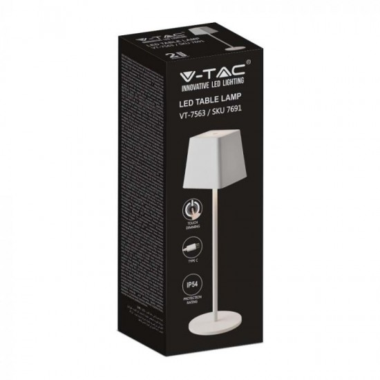 Veioza LED de exterior 2W patrata dimabila cu touch cablu port USB tip C corp alb lumina calda IP54
