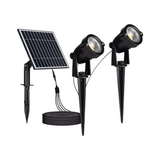 Set 2 buc tarusi LED de gradina 2x1.2W cu panou solar corp negru lumina calda IP65 cablu 4m