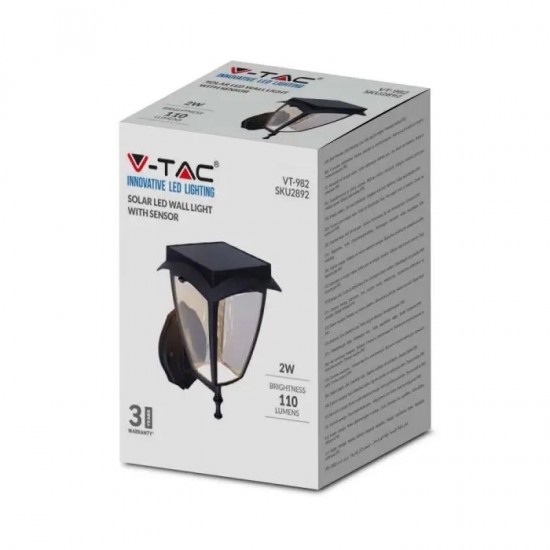 Aplica LED solara de perete 2W cu senzor negru mat geam transparent lumina calda+rece IP65