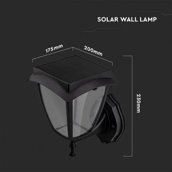 Aplica LED solara de perete 2W cu senzor negru mat geam transparent lumina calda+rece IP65