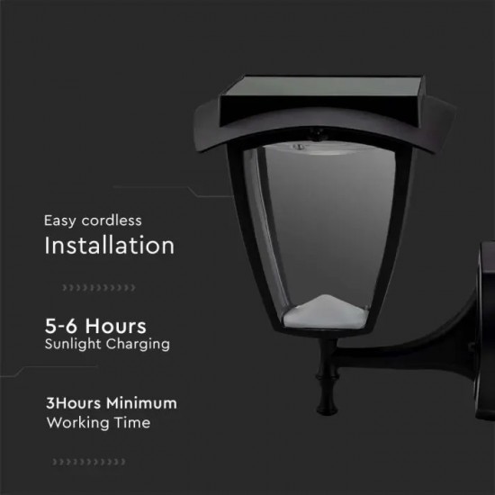 Aplica LED solara de perete 2W cu senzor negru mat geam transparent lumina calda+rece IP65