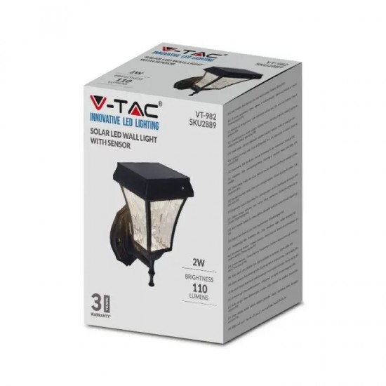 Aplica LED solara de perete 2W cu senzor negru mat lumina calda+rece IP65