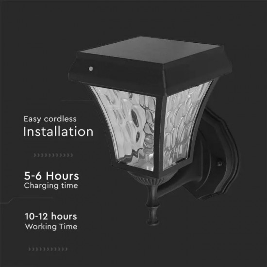 Aplica LED solara de perete 2W cu senzor negru mat lumina calda+rece IP65