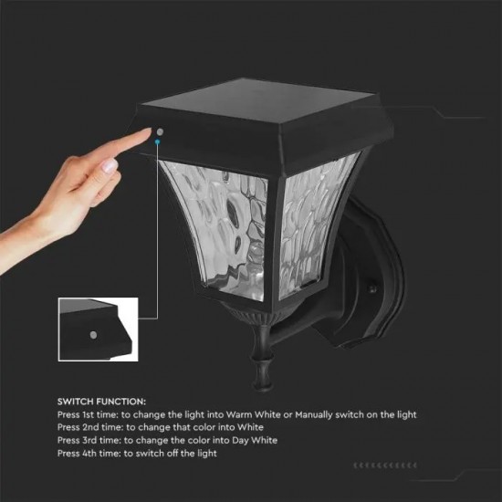 Aplica LED solara de perete 2W cu senzor negru mat lumina calda+rece IP65
