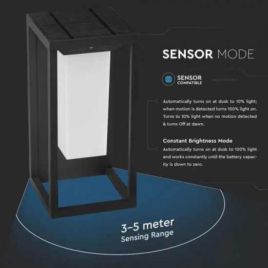 Lampadar solar LED cu cip SAMSUNG 2W cu senzor Corp Gri Alb Cald
