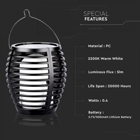 Lampa LED solara flacara de gradina 0.45W neagra cu pichet lumina calda montaj universal IP44 - tarus solar V-TAC