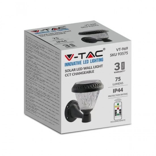 Aplica LED solara de perete 0.8W rotunda negru mat dimabila cu telecomanda RF CCT 3 in 1 IP44