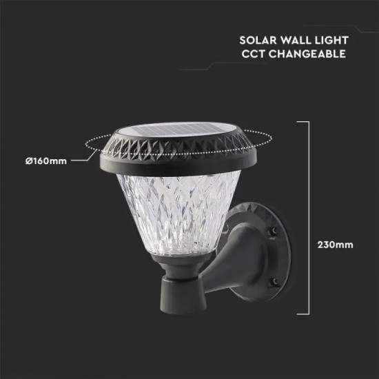 Aplica LED solara de perete 0.8W rotunda negru mat dimabila cu telecomanda RF CCT 3 in 1 IP44