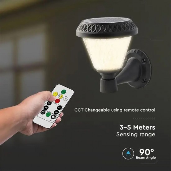Aplica LED solara de perete 0.8W rotunda negru mat dimabila cu telecomanda RF CCT 3 in 1 IP44