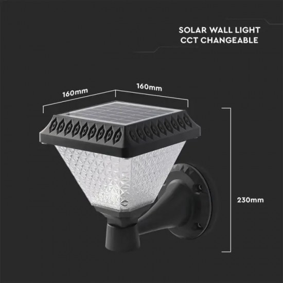 Aplica LED solara de perete 0.8W patrata negru mat dimabila cu telecomanda RF CCT 3 in 1 IP44