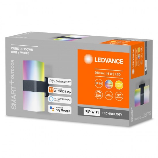 Aplica LED de exterior inteligenta 14W Ledvance Smart+ WiFi Cube iluminare sus jos RGBW dimabila compatibila Alexa si Google Assistant IP44