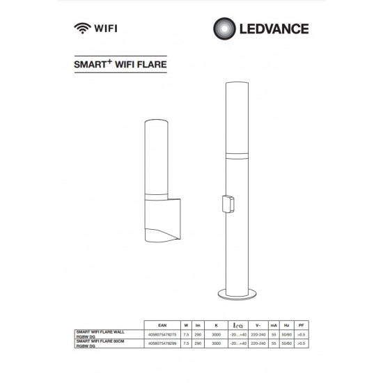 Stalpisor LED de gradina inteligent 7.5W 60cm Ledvance Smart+ WiFi Flare RGBW dimabil compatibil Alexa si Google Assistant IP44