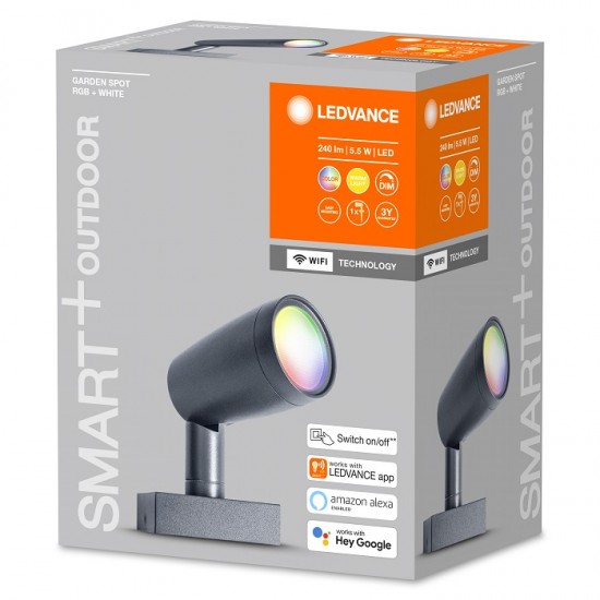Spot LED de exterior inteligent 5W cu pichet Ledvance Smart+ WiFi Garden RGBW dimabil compatibil Alexa si Google Assistant IP65
