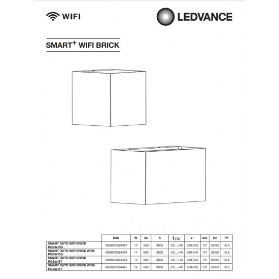 Aplica LED de exterior inteligenta 14W Ledvance Smart+ WiFi Outdoor Brick RGBW dimabila compatibila Alexa si Google Assistant IP44