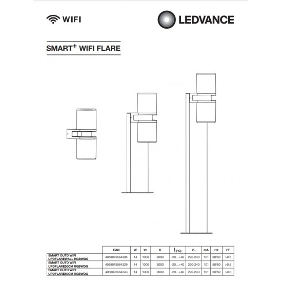 Aplica LED de exterior inteligenta 14W Ledvance Smart+ WiFi Flare Updown Wall RGBW dimabila compatibila Alexa si Google Assistant IP44