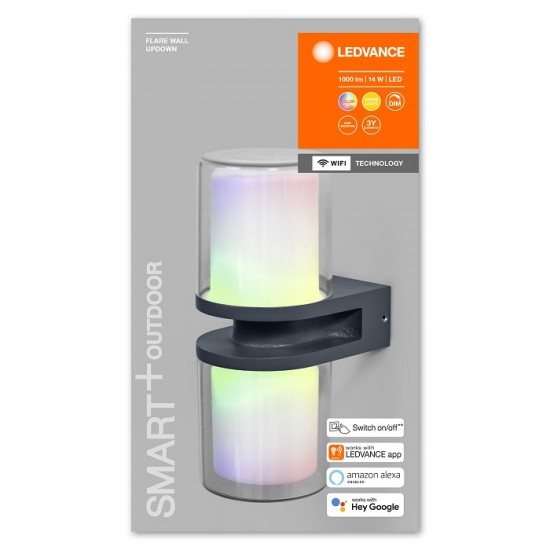 Aplica LED de exterior inteligenta 14W Ledvance Smart+ WiFi Flare Updown Wall RGBW dimabila compatibila Alexa si Google Assistant IP44