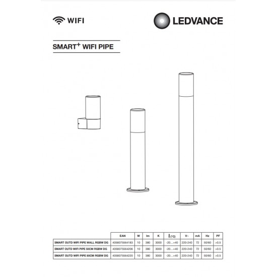 Aplica LED de exterior inteligenta 10W Ledvance Smart+ WiFi Pipe Wall RGBW dimabila compatibila Alexa si Google Assistant IP44