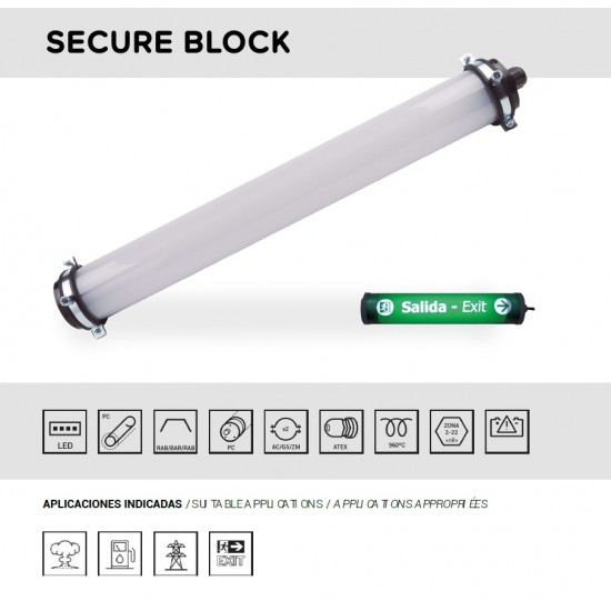 Corp de iluminat de siguranta ANTIEX LED SECURE BLOCK Airfal permanent 1h 200-300lm 415mm zona 2-22 UGR<19 IP68-2