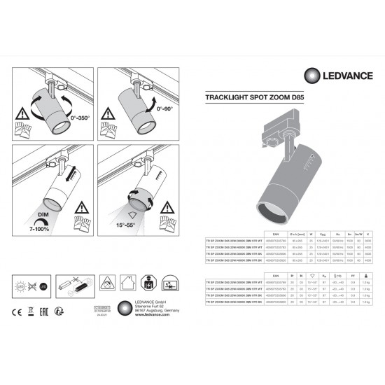 Proiector LED pe sina 25W LEDVANCE Spot Zoom dimabil unghi reglabil alb negru mat CRI97 IP20