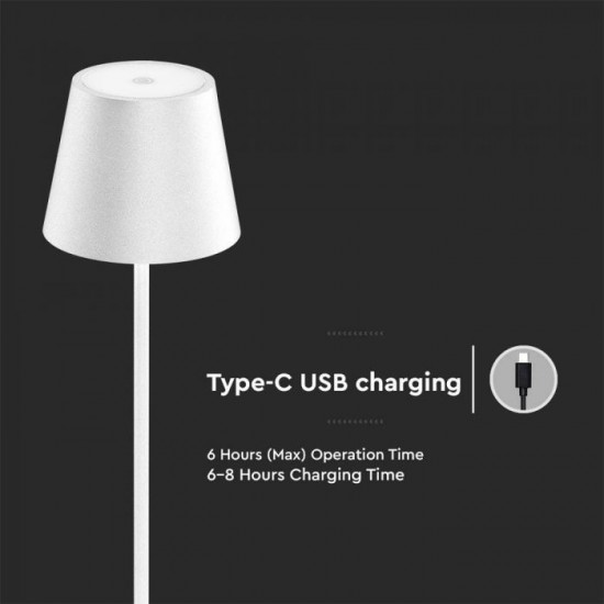 Lampadar LED de podea 4W 1300mm dimabil cu touch si baterie reincarcabila cablu port USB corp alb IP54