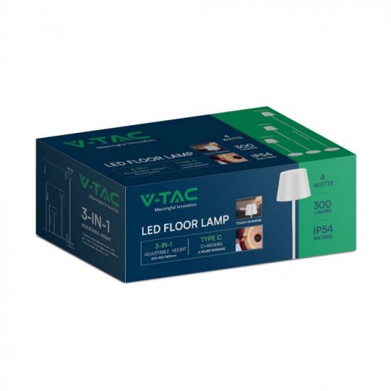 Lampadar LED de podea 4W 1300mm dimabil cu touch si baterie reincarcabila cablu port USB corp alb IP54