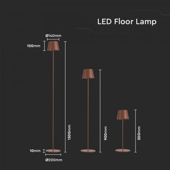 Lampadar LED de podea 4W 1300mm dimabil cu touch si baterie reincarcabila cablu port USB culoare corten IP54