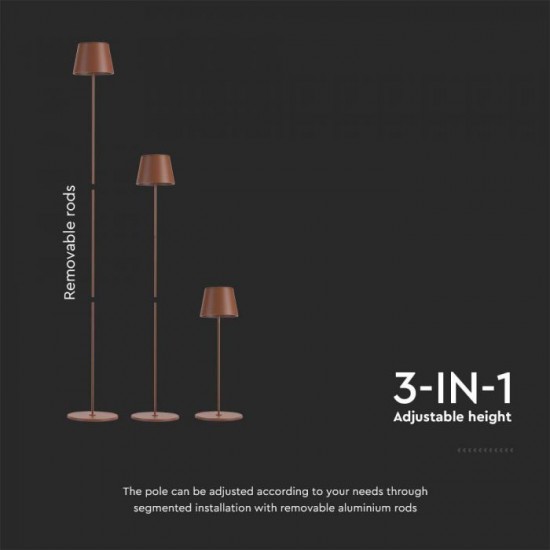 Lampadar LED de podea 4W 1300mm dimabil cu touch si baterie reincarcabila cablu port USB culoare corten IP54