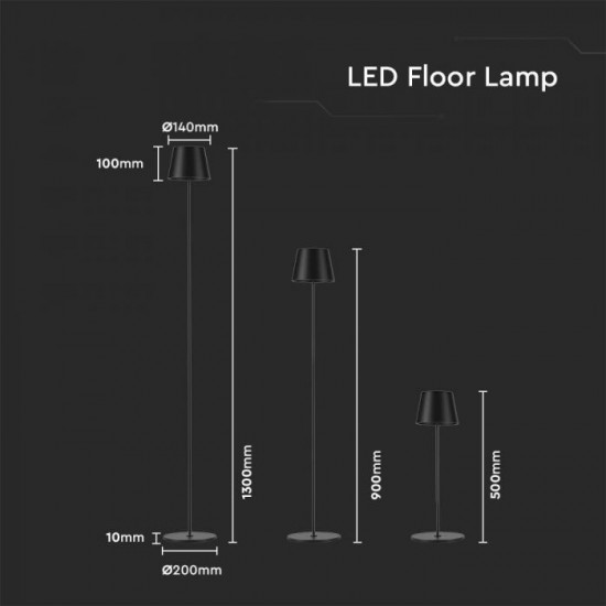 Lampadar LED de podea 4W 1300mm dimabil cu touch si baterie reincarcabila cablu port USB corp negru IP54