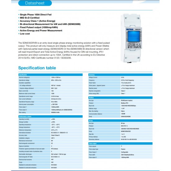 Smart Meter Kaco monofazat 100A EASTRON SDM230 Series