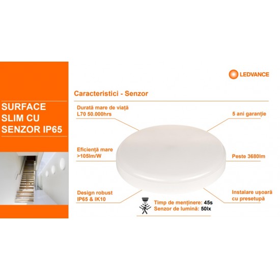 Plafoniera LED etansa patrata 10W cu senzor microunde LEDVANCE Surface Slim SQ 200mm IK10 IP65