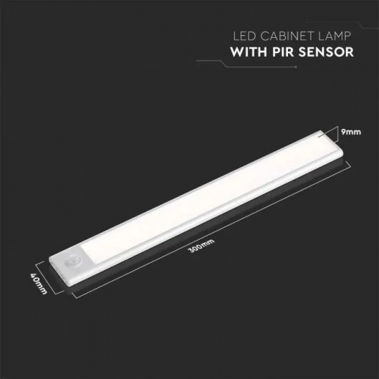 Aplica LED pentru mobilier 1.5W Cabinet corp aluminiu argintiu 300mm cu senzor PIR functie automata si incarcare USB IP20