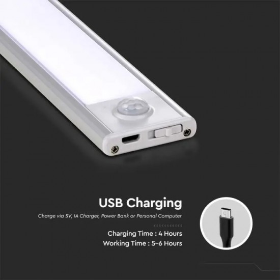 Aplica LED pentru mobilier 1.5W Cabinet corp aluminiu argintiu 300mm cu senzor PIR functie automata si incarcare USB IP20