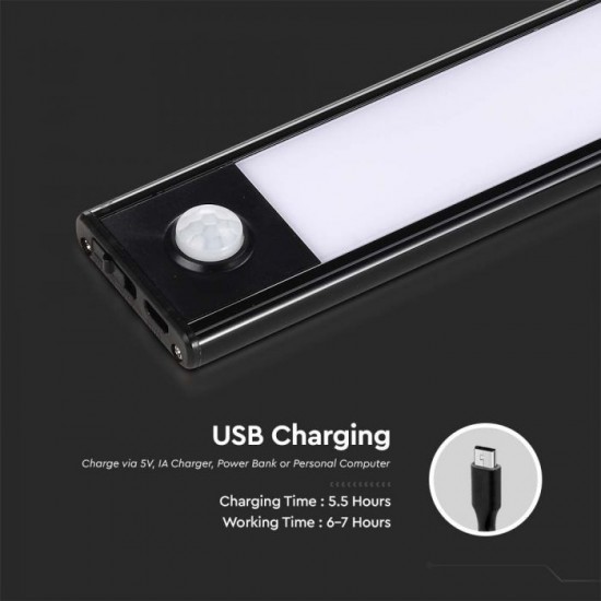Aplica LED pentru mobilier 2.5W Cabinet corp aluminiu negru 600mm cu senzor PIR functie automata si incarcare USB IP20