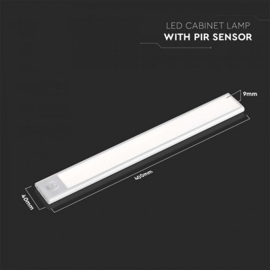 Aplica LED pentru mobilier 2W Cabinet corp aluminiu argintiu 400mm cu senzor PIR functie automata si incarcare USB IP20