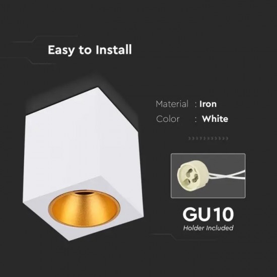 Plafoniera patrata 120mm soclu GU10 corp alb reflector auriu IP20