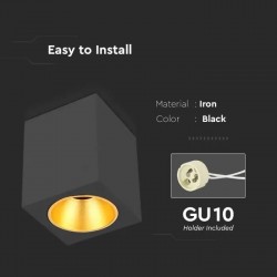 Plafoniera patrata 120mm soclu GU10 corp negru reflector auriu IP20