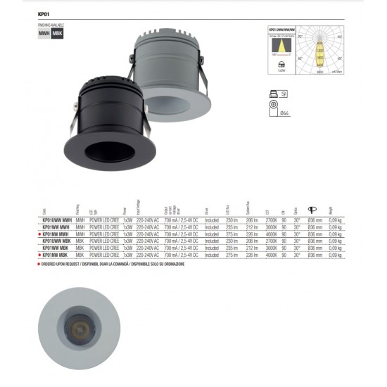 Spot LED 3W rotund XKEEP 36mm corp alb 30 grade CRI90 UGR<16 IP20