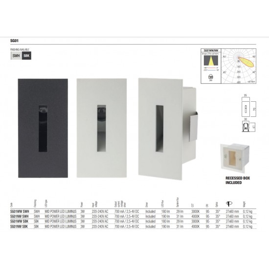 Spot LED XSIGN 3W incastrat in perete dreptunghiular alb sablat IP20