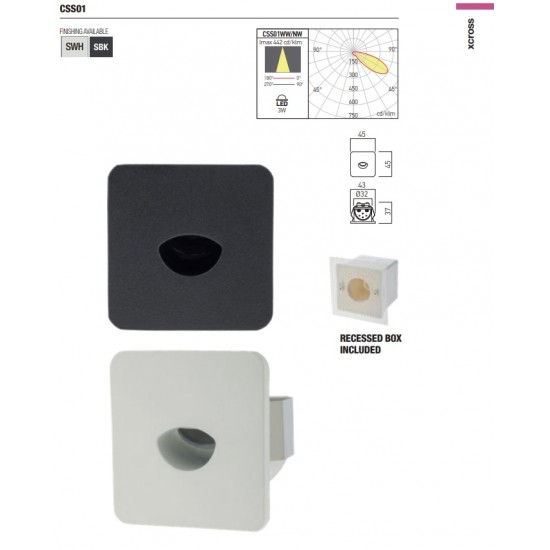 Spot LED XCROSS 3W incastrat in perete patrat alb negru CRI95 IP20