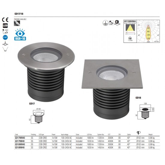 Spot LED etans 15W XGROUND patrat cu montaj ingropat in pardoseala UGR<16 IK09 IP67