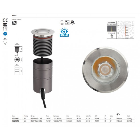 Spot LED etans 10W XGROUND rotund 3 grade cu montaj ingropat in pardoseala UGR<16 IK08 IP67