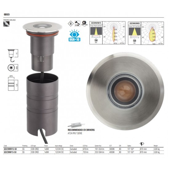 Spot LED etans 8W XGROUND rotund unghi reglabil 15-50 de grade cu montaj ingropat in pardoseala UGR<10 IK08 IP67