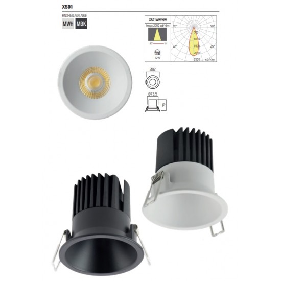 Spot LED 12W rotund XSPA 82mm corp negru alb 36 grade CRI90 UGR<13 IP44