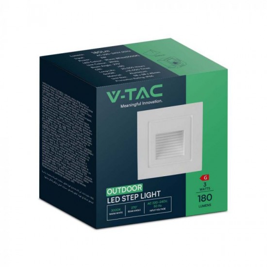 Spot LED etans 3W incastrat in perete patrat corp alb lumina calda IP65