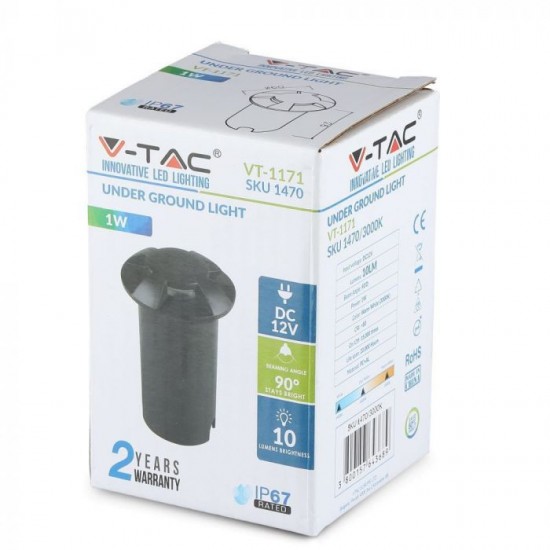 Spot LED etans 1W negru 4 directii cu montaj ingropat in pardoseala alb rece 12V