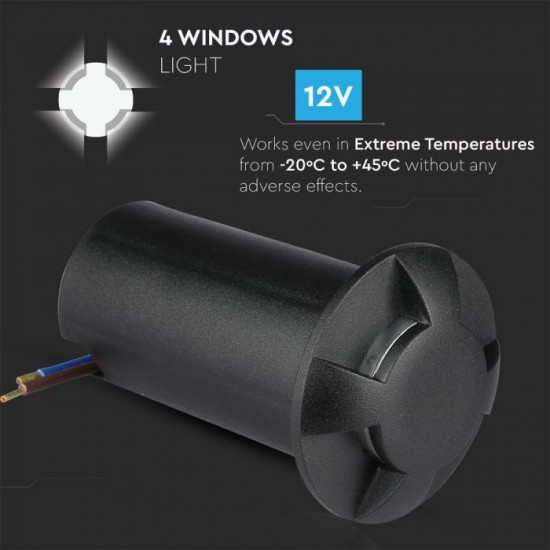 Spot LED etans 1W negru 4 directii cu montaj ingropat in pardoseala alb rece 12V